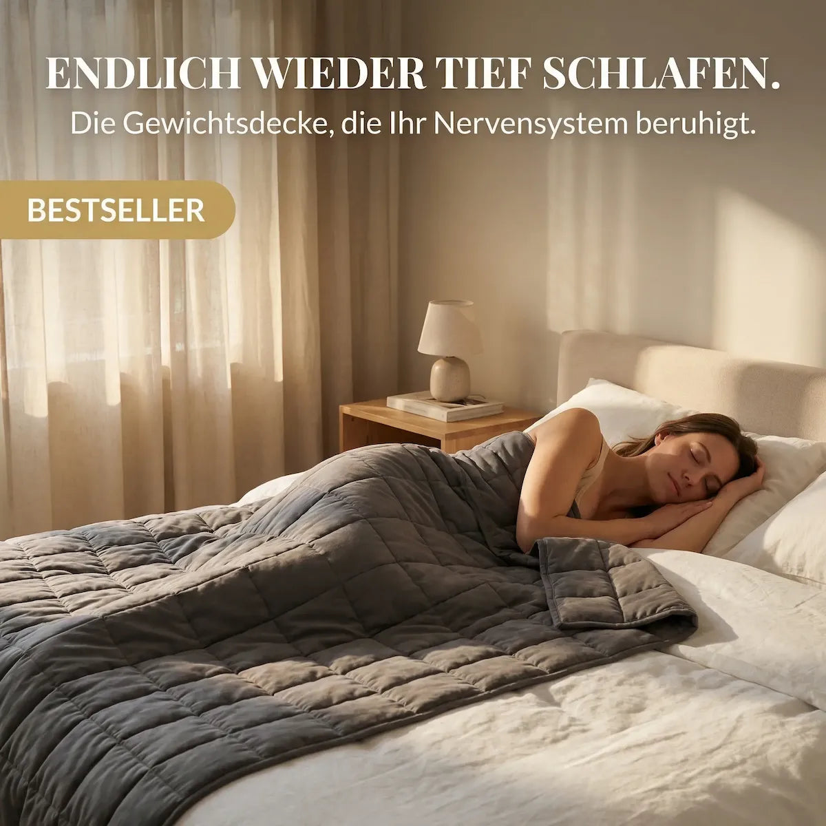 Frau schläft tief und entspannt unter Velura Gewichtsdecke 9kg im Bestseller-Schlafzimmer-Setting
